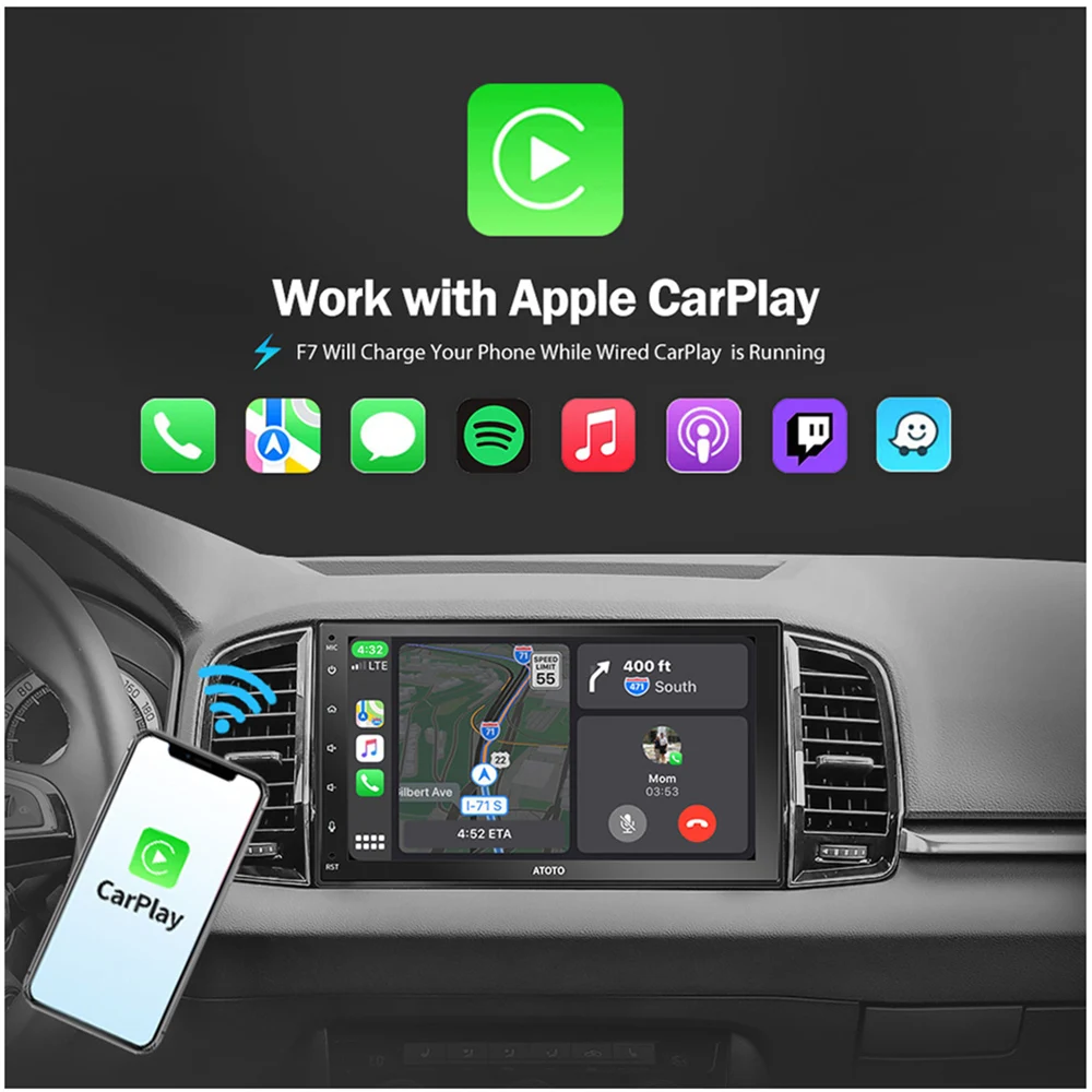 ATOTO Uniwersalne radio samochodowe 2 Din 7-calowy ekran dotykowy Stereo samochodowe z bezprzewodowym Carplayem Android Auto GPS Bluetooth Head Unit