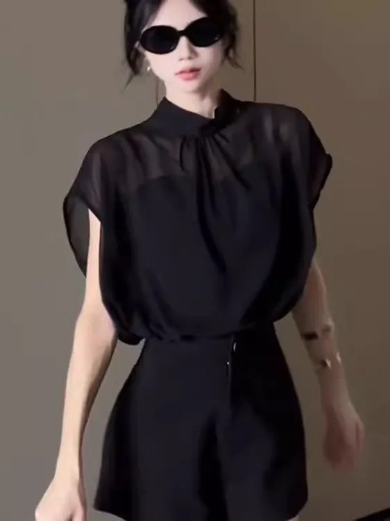 

Bla Silk Knot ort Sve Stand Collar Women's irt Faionable Summer 2025 Korean Sle Loose Fit Blouse