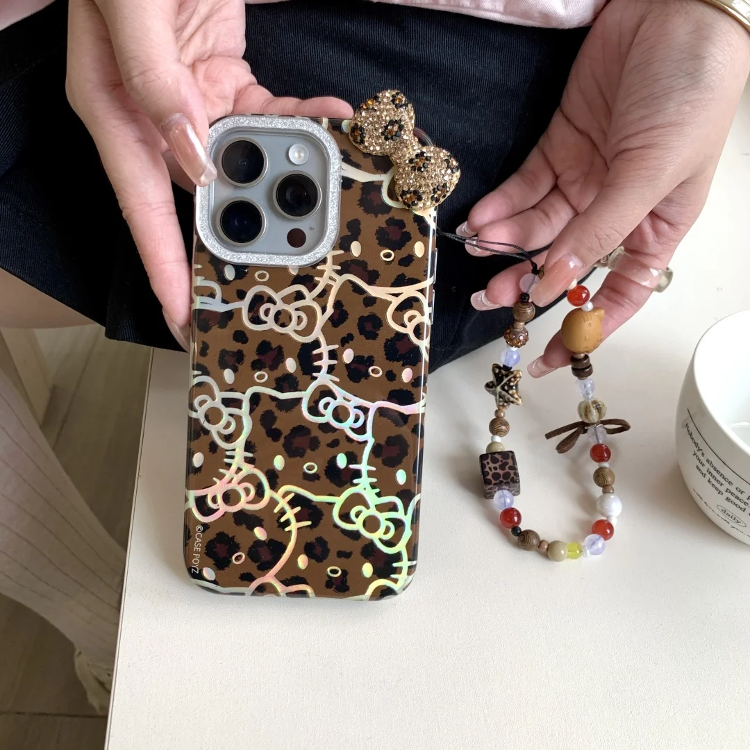 

Luxury Leopard print Laser kitten Hello Kitty Diamond Bow with Wrist strap Phone Case For iPhone 13 14 15 16 Pro Max Cover﻿﻿