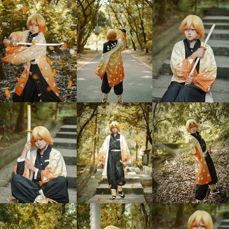 Anime Agatsuma Zenitsu Costume Cosplay Kimono Abbigliamento Halloween Parrucca uniforme da festa Donna Bambini