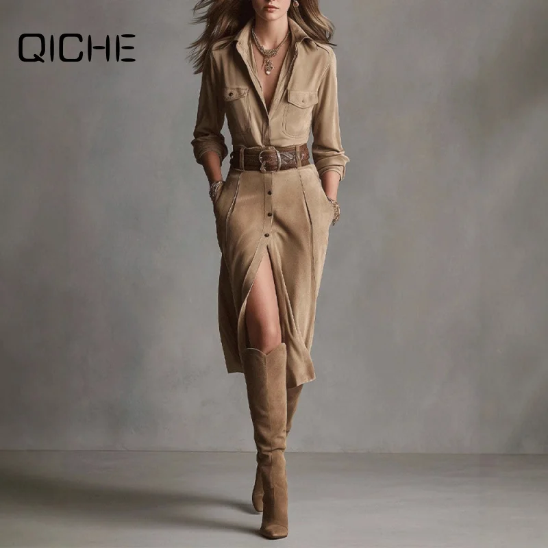 QICHE 2026 Fall New Women European Style Suede Long Cardigan Dress, Elegant Midi Length Long Sleeve Dress