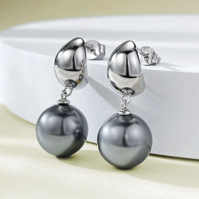 

12mm Natural Tahitian Black Pearl Shell Earrings 925 Sterling Sliver Seawater Pearl Shell Earrings