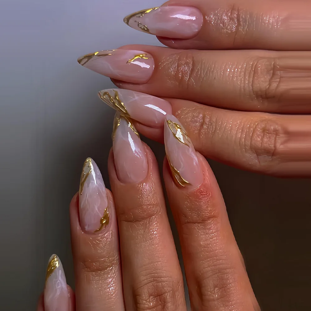 24Pcs 3D Gilded Irregular French Design Press on False Nails Mid-length Almond Fake Nail Reusable Finished Full Cover Nails Tips