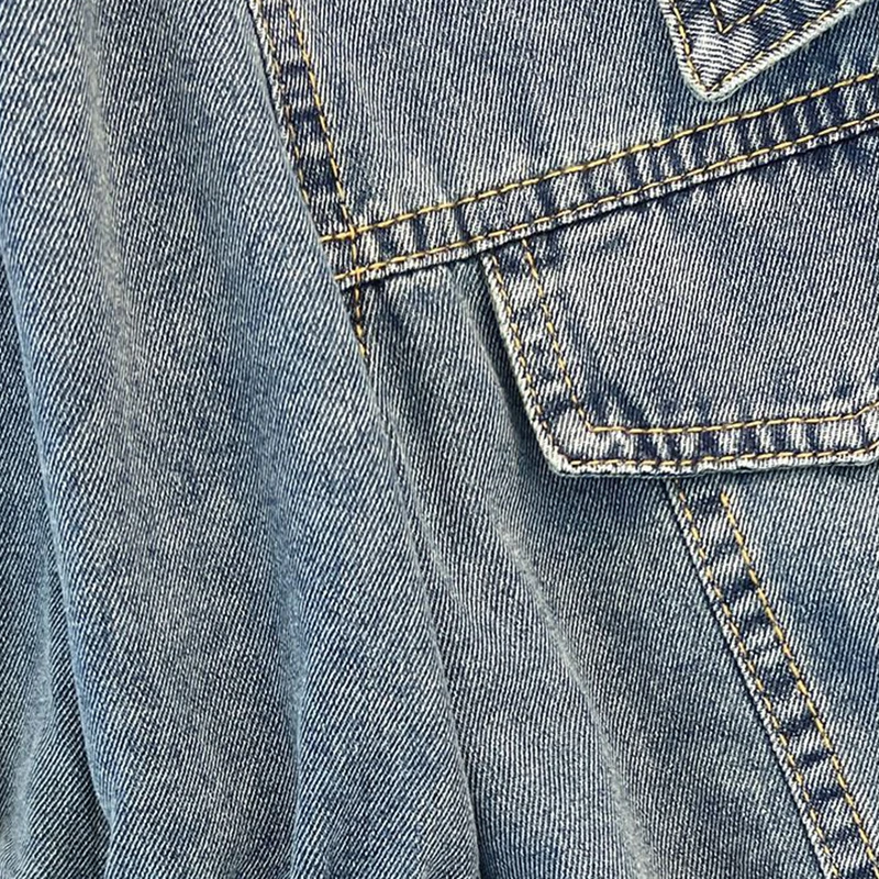 Kemeja denim lengan pendek, baju denim versi Korea longgar pinggang ramping musim panas untuk wanita