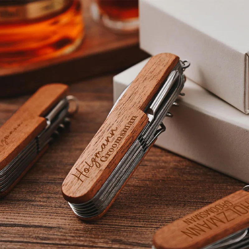 

Personalize Custom LOGO Wooden Multifunctional Tool Wine Opener for Wedding Lover Laser Engrave Rose Wood Knife Festival Gift