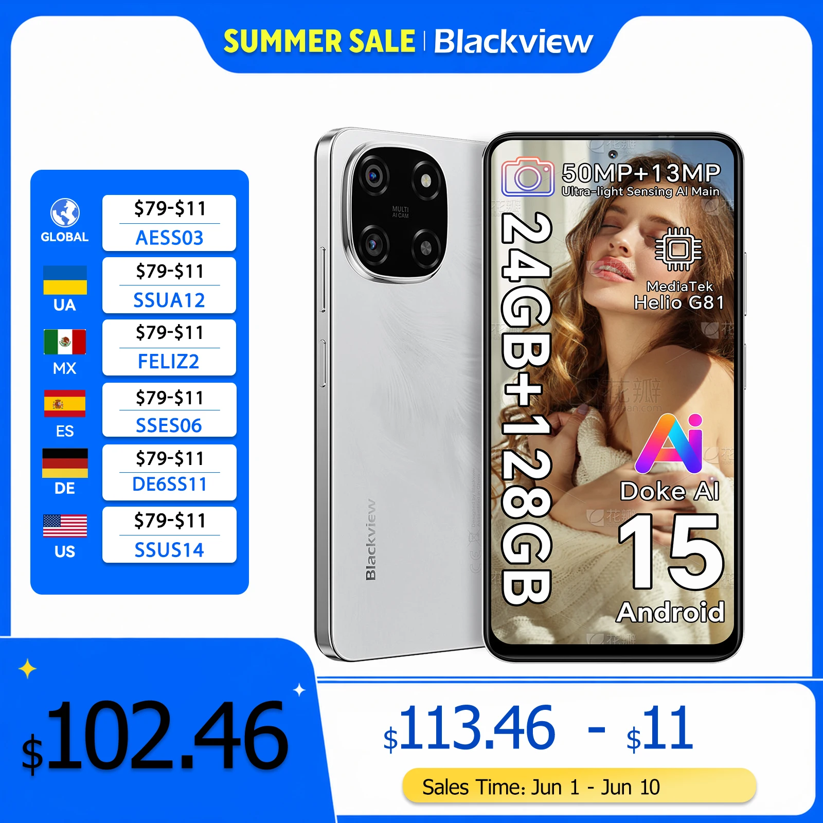 Blackview COLOR 6 스마트폰 6.67인치 디스플레이 MTK G81 8GB RAM 128GB/256GB ROM 50MP 카메라 5000mAh 배터리 안드로이드 15 핸드폰