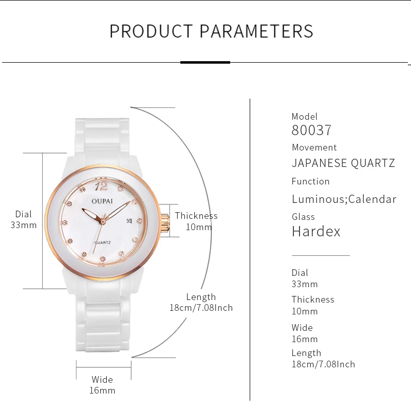 Часы OUPAI с круглым циферблатом, женские керамические шкала со стразами, изысканные, светящиеся водонепроницаемые, календарь, модные и элегантные.