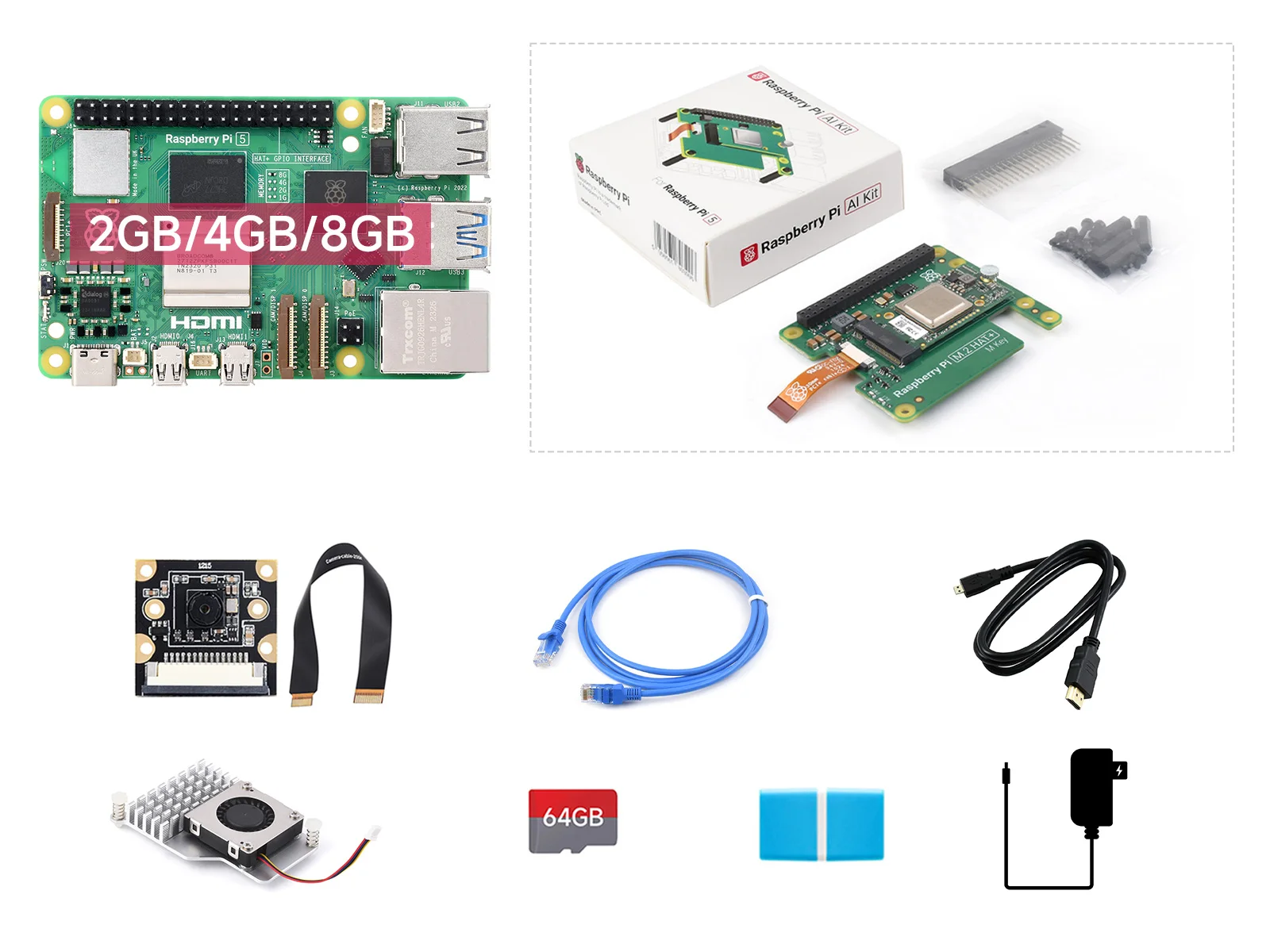 PI5-8GB AI Kit A,With PI5-8GB,With Raspberry Pi AI Kit/Pi5-IMX219-77/Pi5-Active-Cooler-B/27W power supply/TF card 64GB