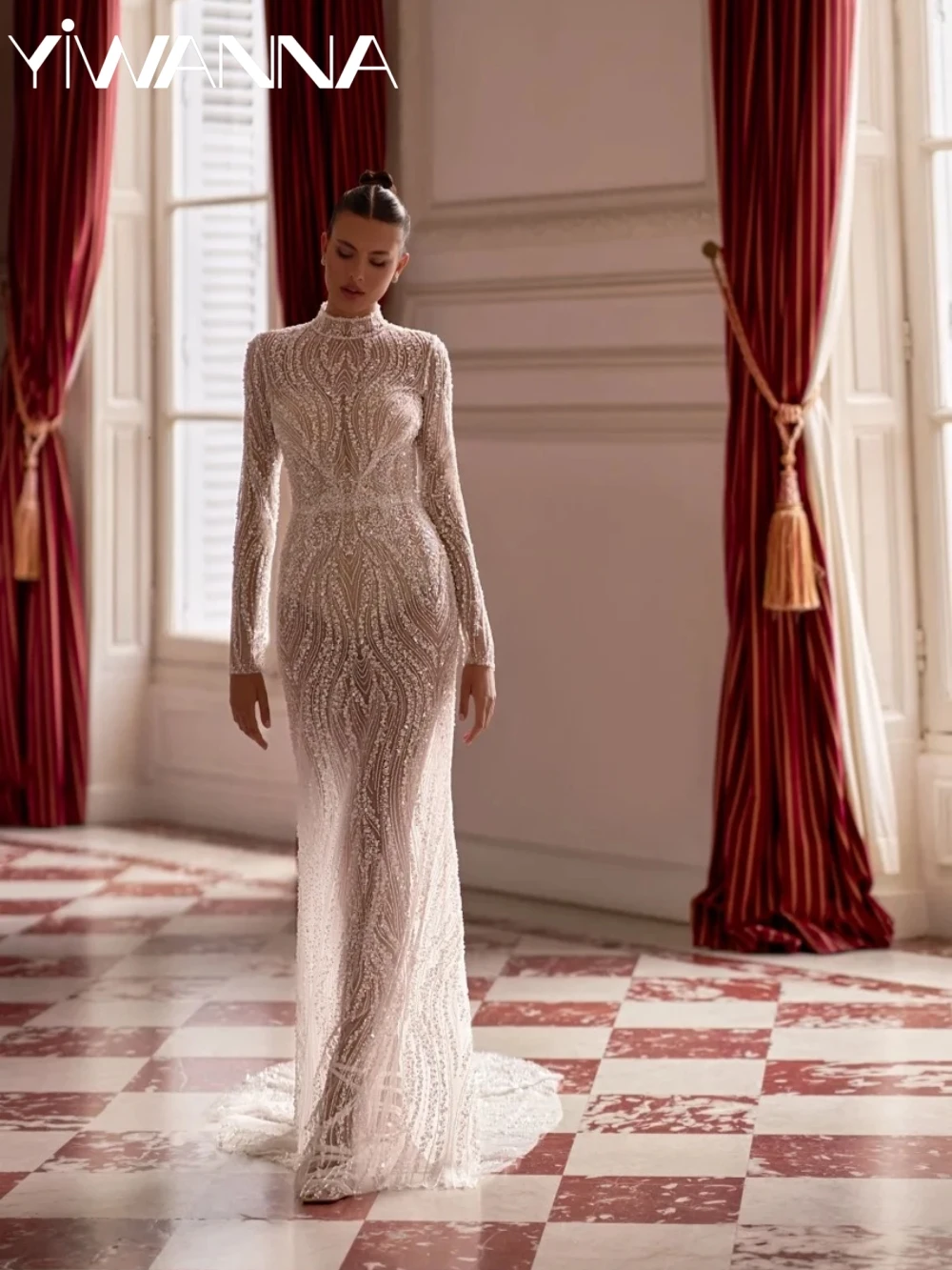 

Shiny Embroidery Beaded Lace Long Sleeved Wedding Dress Illusion High Collar Bridal Gown Customized Mermaid Dresses For Bride