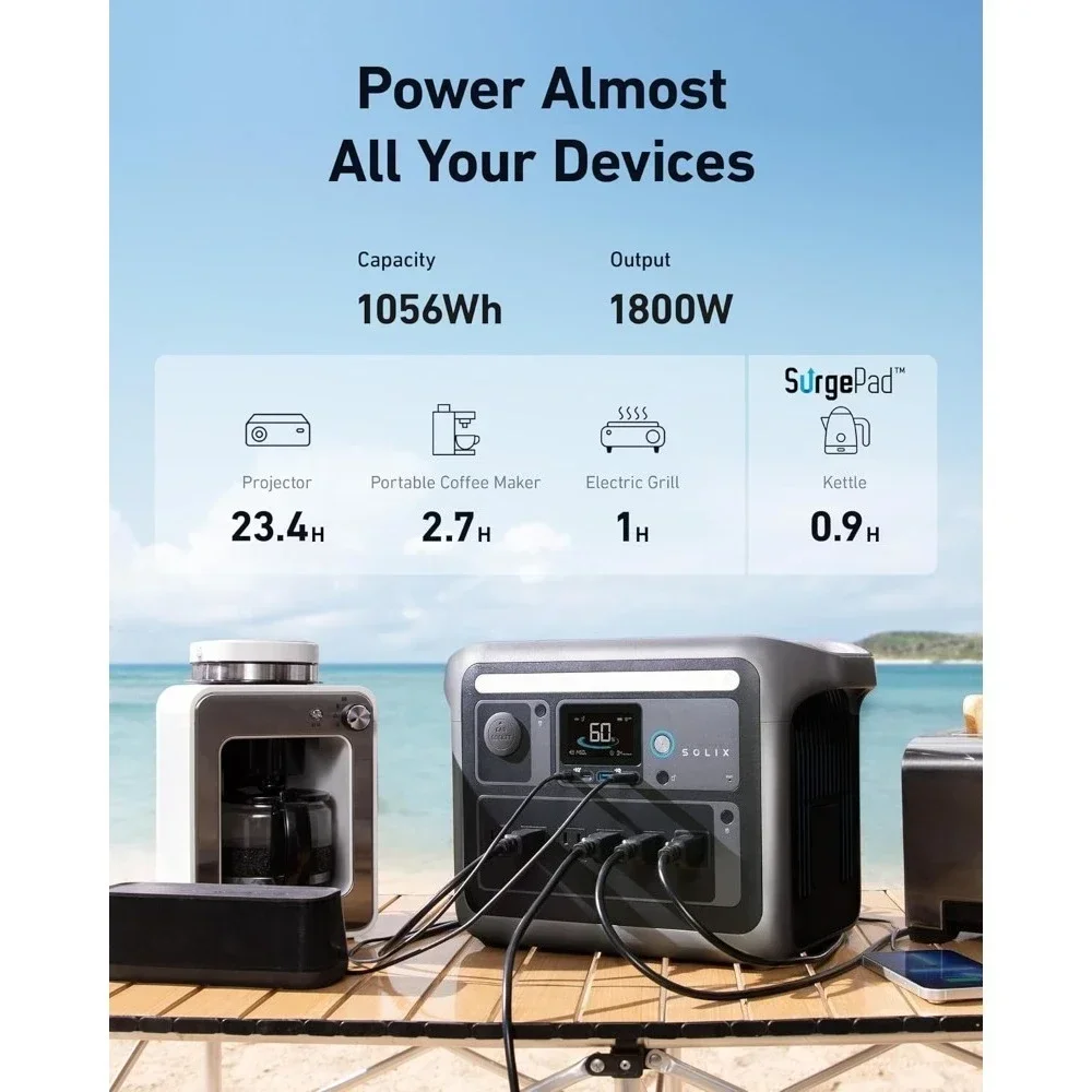 

Portable Power Station - 1800W(2400W Peak) Solar Generator with 1056Wh LiFePO4 Battery - Full Charge in 58 Min