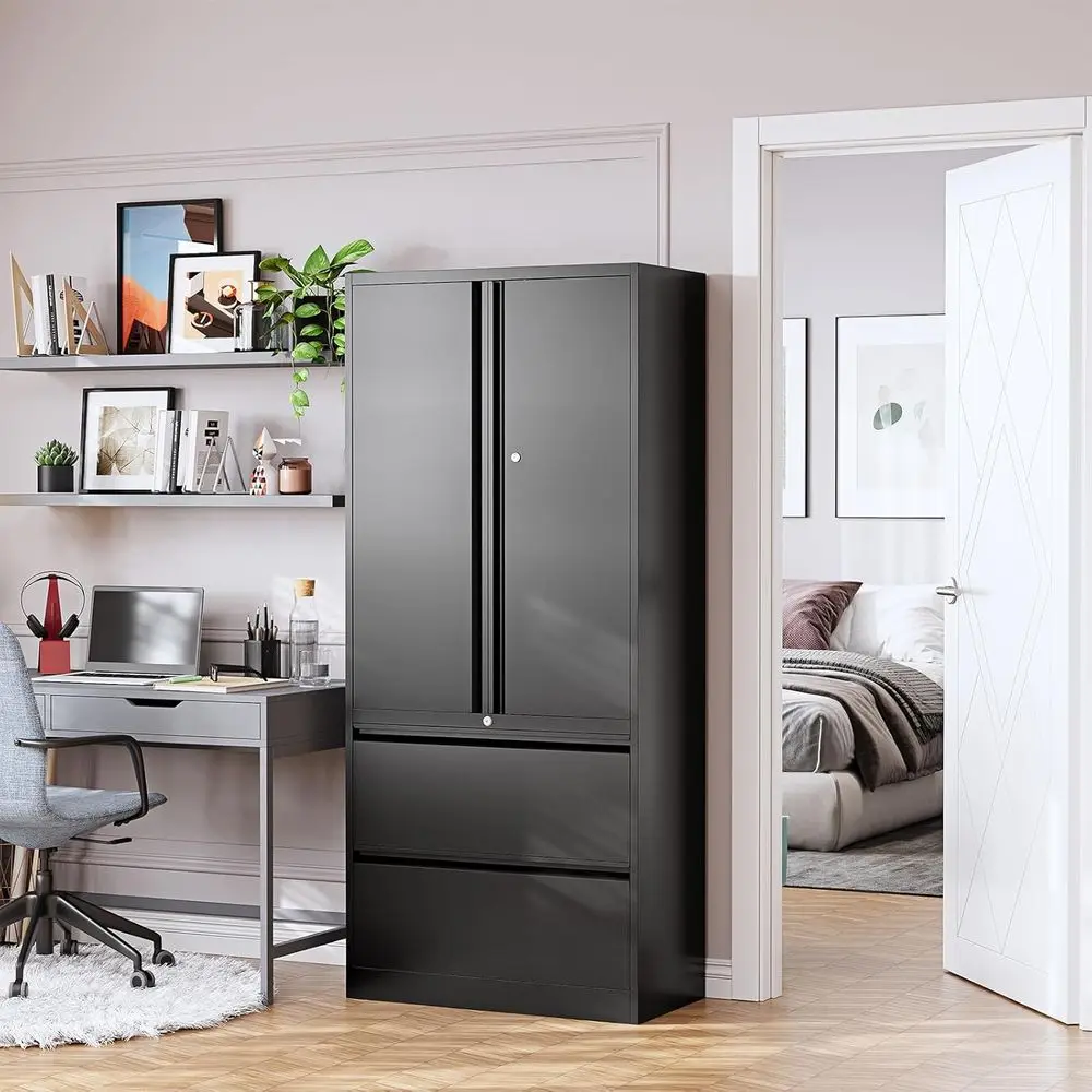 Stylish Lateral File Cabinet with Locking Storage and Adjustable Shelves for Home or Office (Black, Assembly Required)