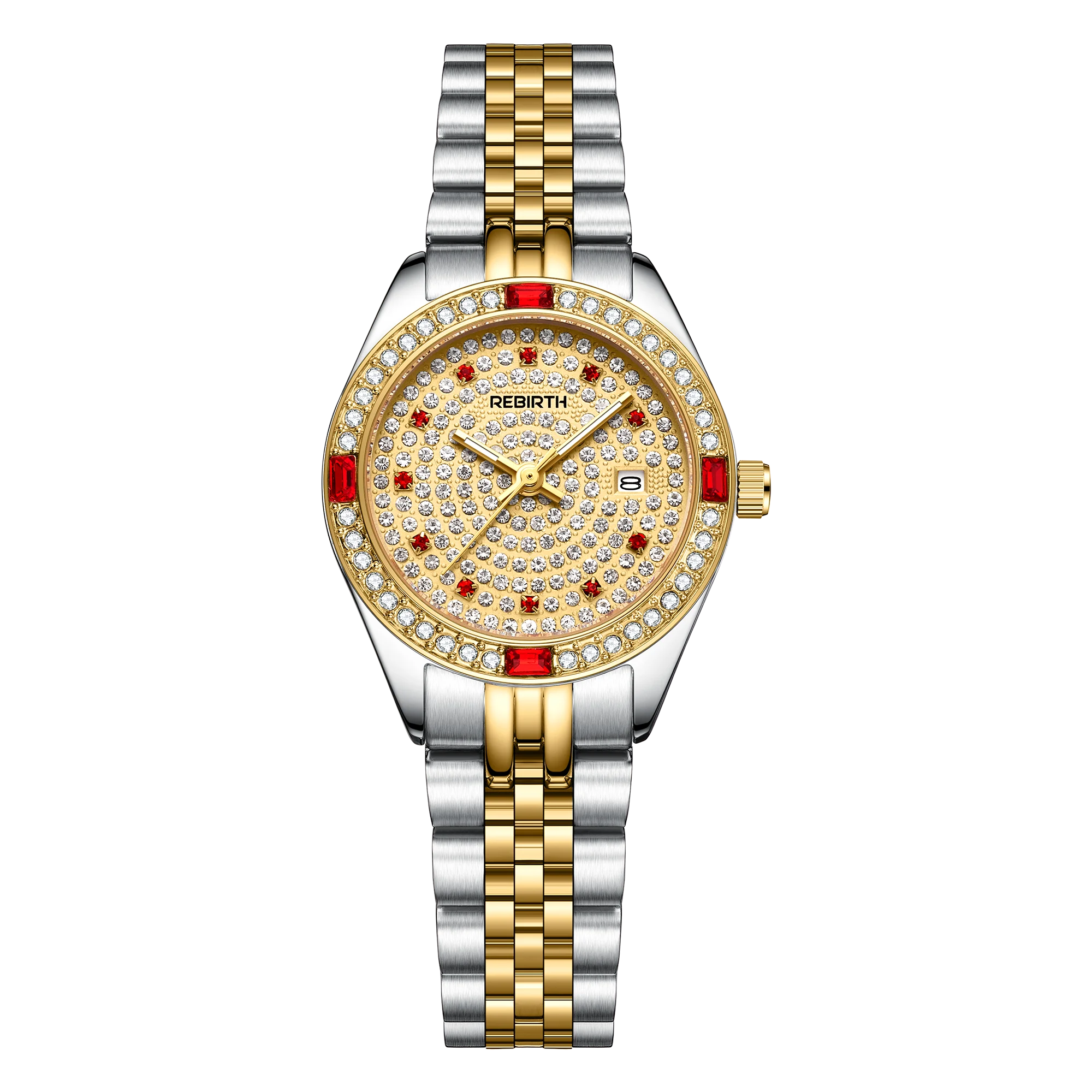 Rebirth Top Brand Luxury Golden Lady Watch Date Crystal Styles Women's Dress Clock Water Proof Wristwatch