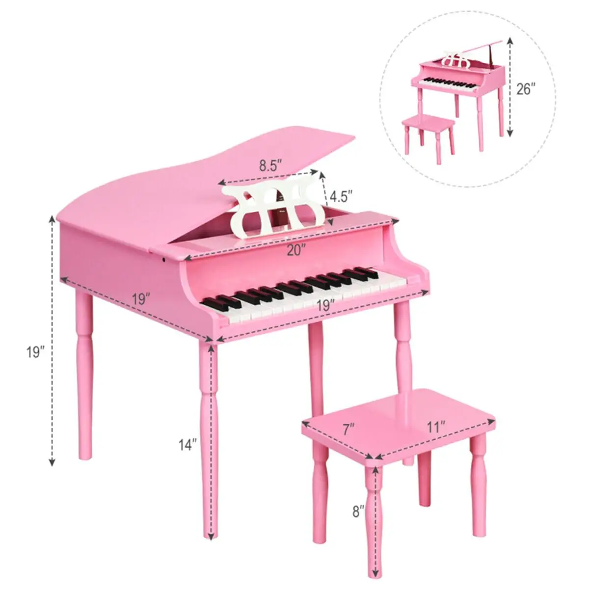 30-Key Wooden Grand Piano for Kids with Bench & Music Rack - Colorful Toy Instrument