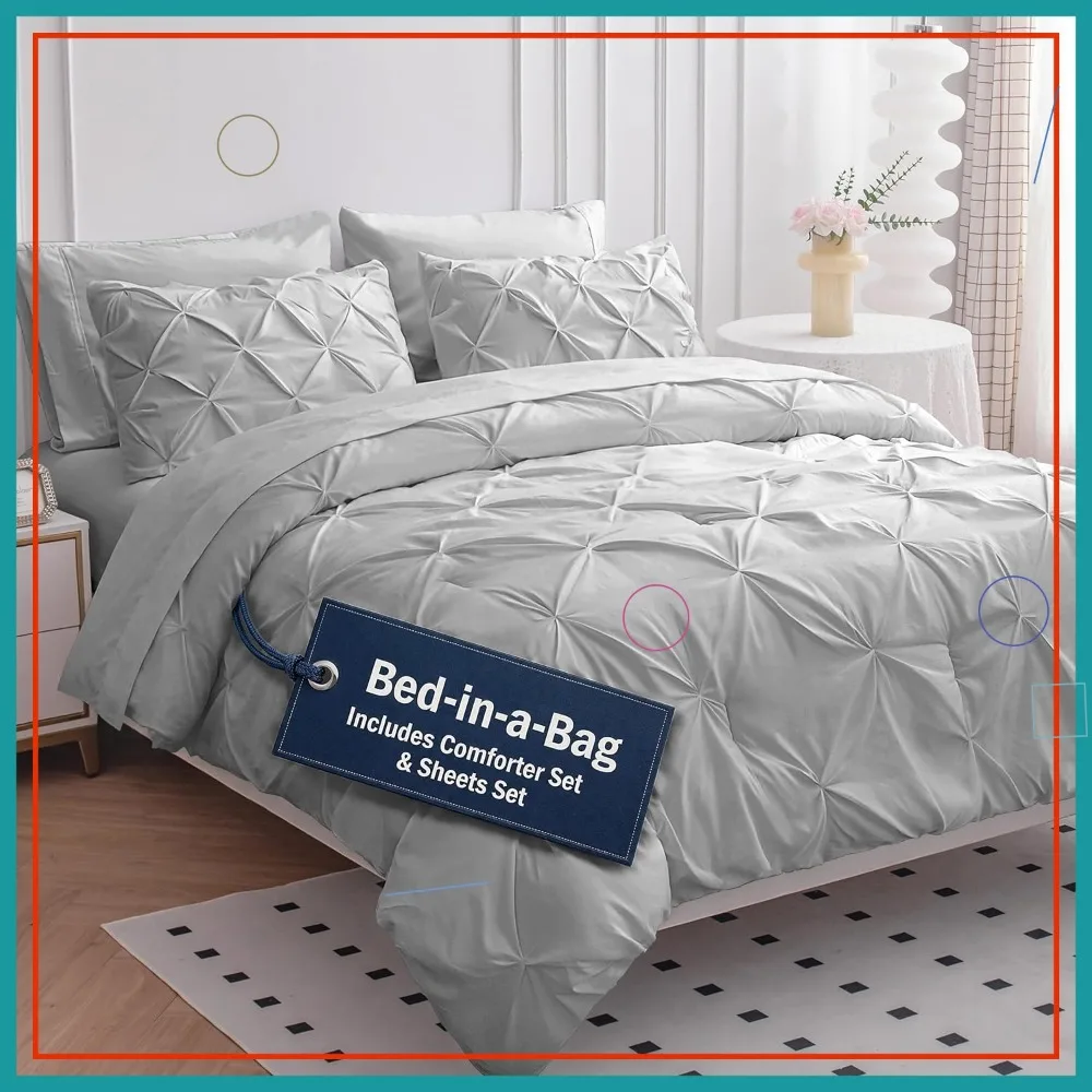 

7-Piece King Comforter Set - Hotel Style Pintuck Bed in a Bag - Deep Pocket Fitted Sheet, Fluffy Soft & Light Warmth - Silver