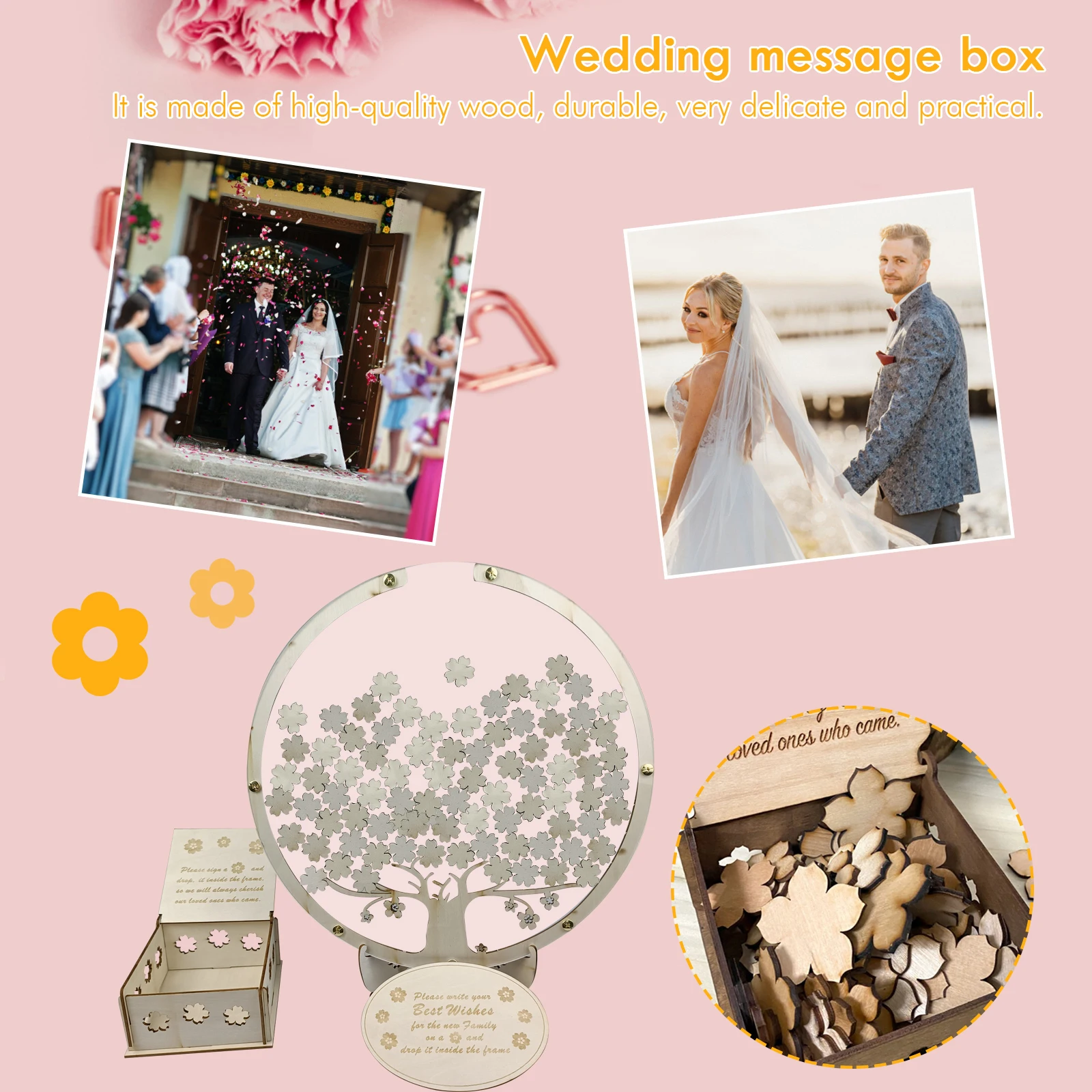 Wooden Wedding Message Box with 60/80 Flowers Wedding Sign Guest Book DIY Souvenirs Ornaments for Wedding Reception