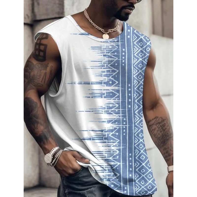 

3D Printed Retro Geometry Tank Tops For Man Colorful Splicing Pattern Tees Summer Casual Vest Oversized Sports Street Tank Top