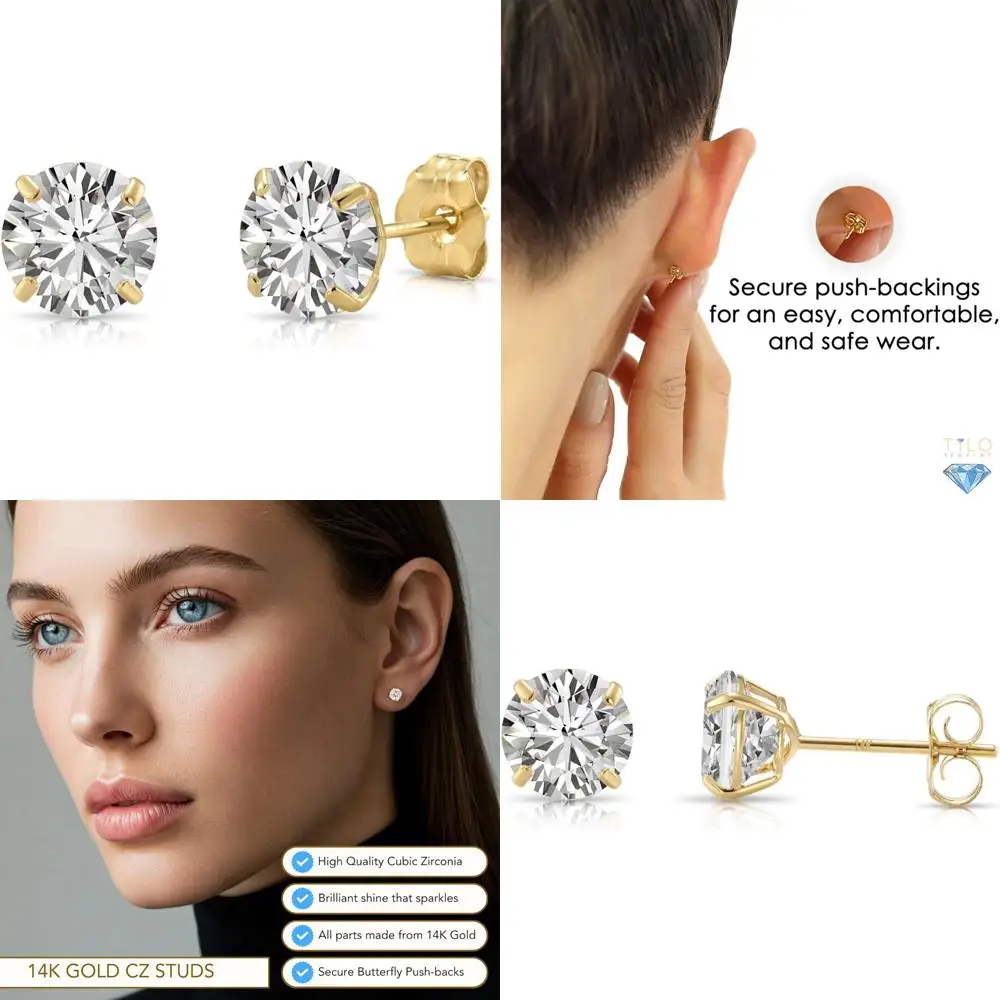 

Круглые серьги-гвоздики-пасьянсы из желтого золота 14 карат с кубическим цирконием и пуш-бабочками для повседневного ношения