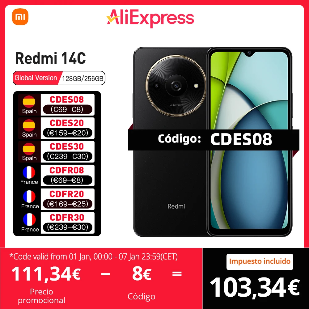 Xiaomi Redmi 14C European version 4GB + 128GB MediaTek helium G81-Ultra screen 6,88 inch up to 120Hz battery 5160 mAh, NFC