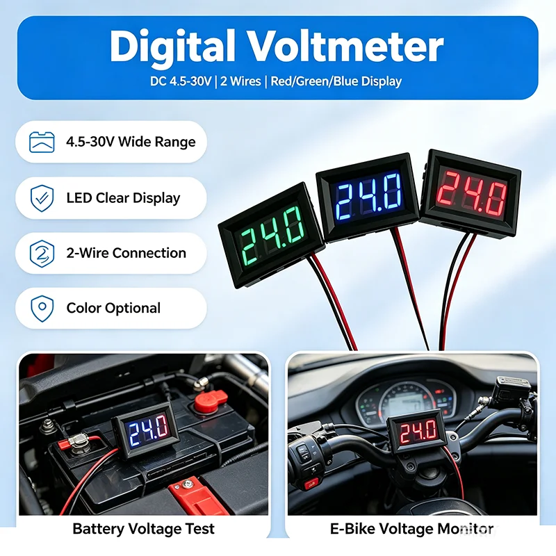 DC 4.5V-30V LED Digital Voltmeter 0.36/0.56 Inch 2-Wire Red Green Blue