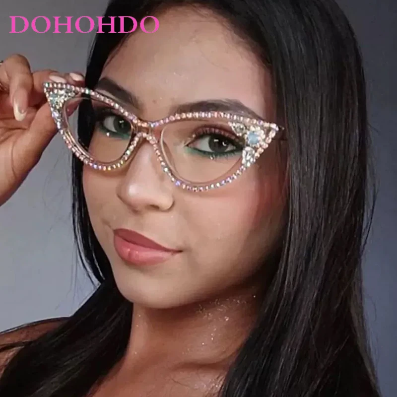 

DOHOHDO New Cat Eye Diamond Glasses Frame Women Men Fashion Luxury Oversized Rhinestones Sun Glasses Trendy Clear Eyeglasses