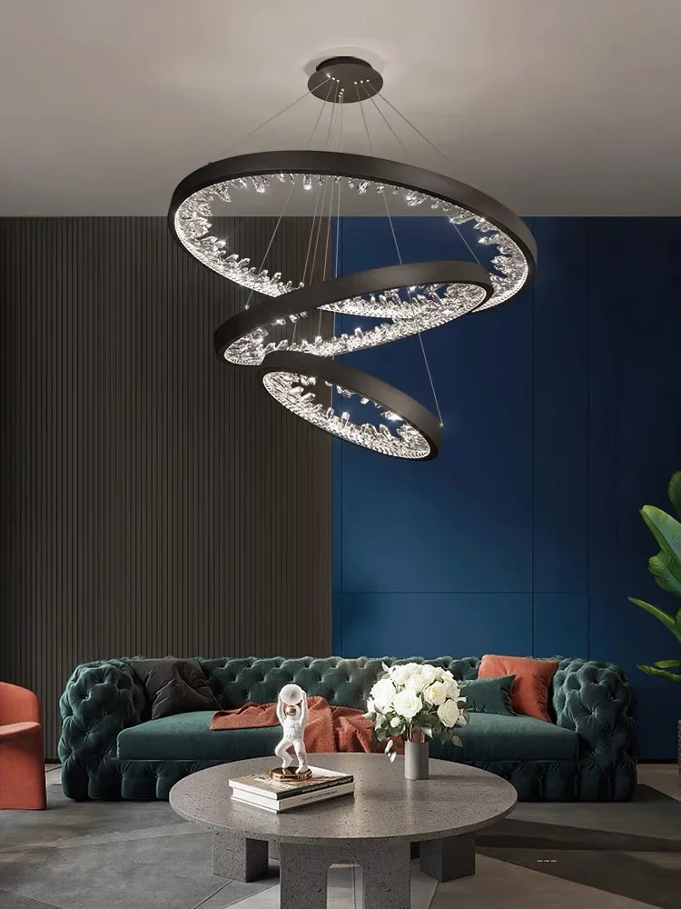 Plafonnier LED suspendu composé d'anneaux en cristal, design moderne luxueux, luminaire décoratif d'intérieur, idéal pour un salon, une villa ou des escaliers