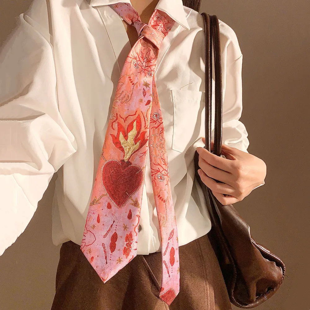 Pink Ties Love Print College Style School Girls Ties Uniform Shirt Satin Silk Scarf Retro Waistband Belt Neckties Accessories