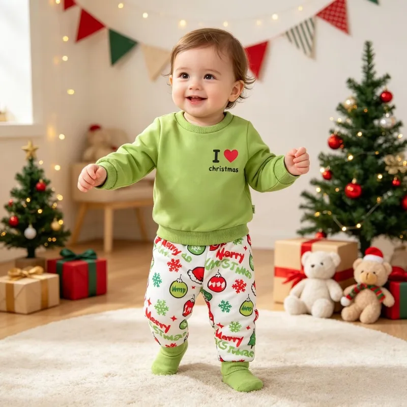Newborn Toddler Baby Boys Girls Christmas Outfit Light Green Sweatshirt with I Love Xmas Print and Cute Ornament Pants Set 0 36M