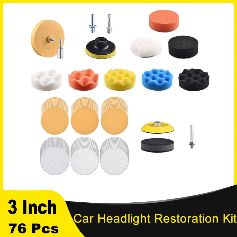 3 inch Car Headlight Restoration Kit 76 Pcs Assorted Grit 240-1000 with Eraser Wheel Waterproof Sanding Discs for Cleaning Auto