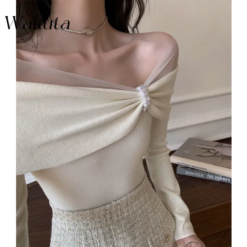 WAKUTA French Splicing Slash Neck Mesh Base Knitted Pullovers 2024 Autumn and Winter New Long Sleeved Pearl High-end Sweater