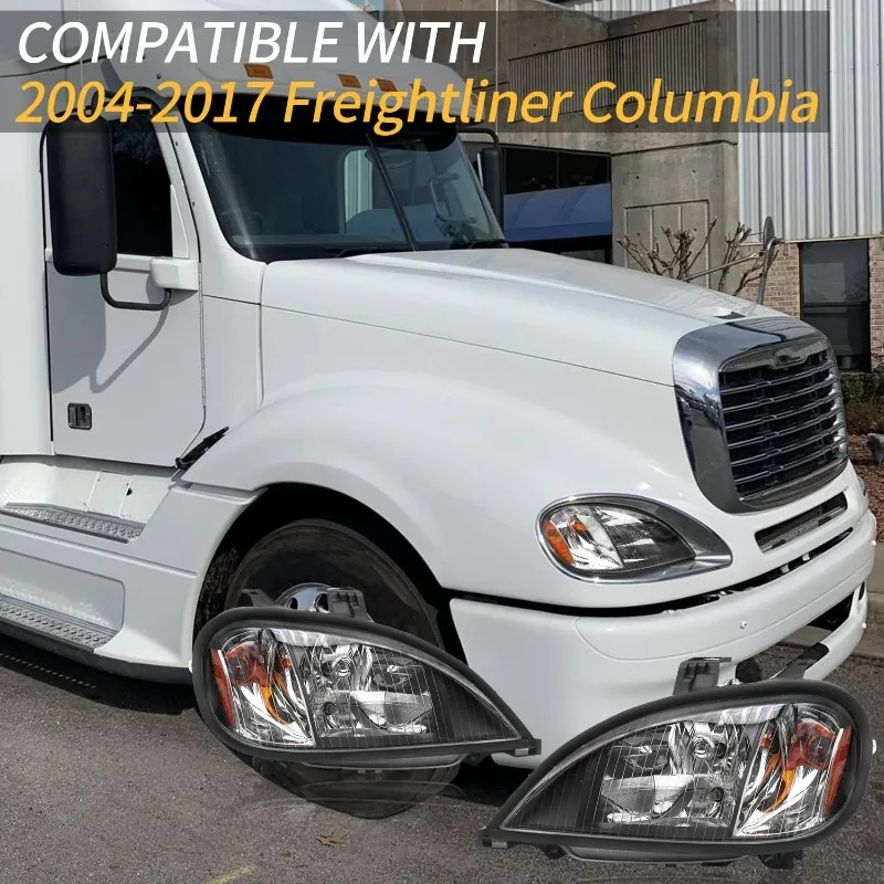 

Черная фара в сборе, совместимая с Freightliner Columbia 2004–2017 гг., с галогеновыми лампами, хромированным корпусом и янтарным оттенком.
