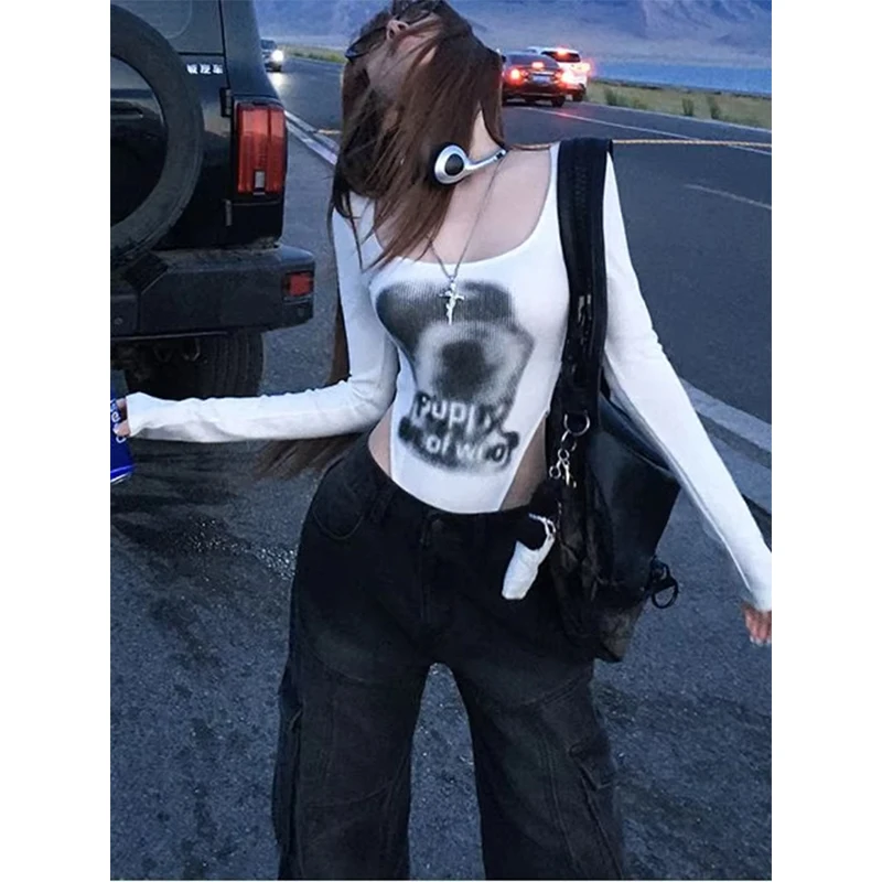 MEXZT Y2K Bodysuitsผู้หญิงStreetwearพิมพ์Bodycon Jumpsuitsฤดูร้อนเซ็กซี่Gyaru Harajukuความงามแขนยาว