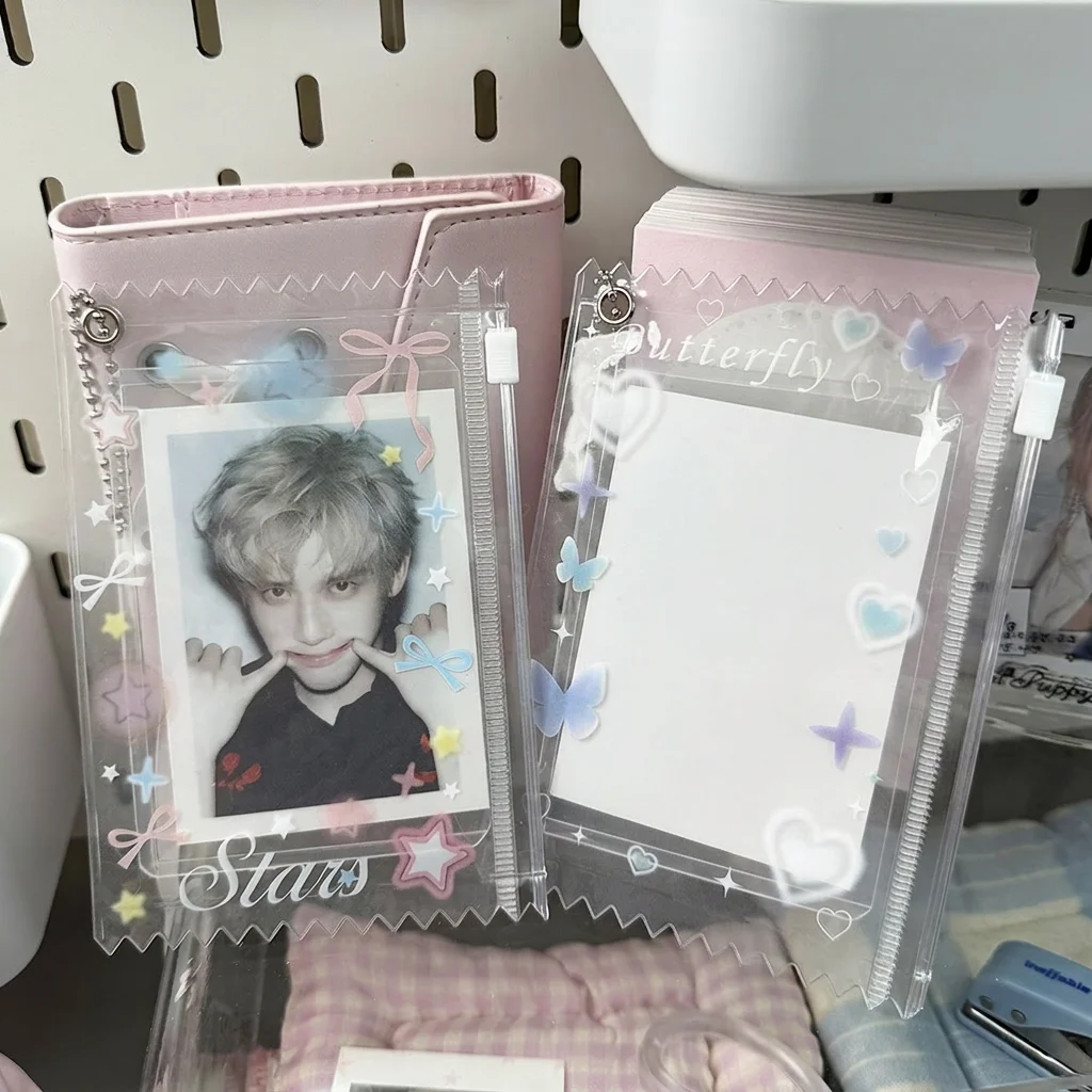 Transparent Pvc Zipper Card Holder Cute Pattern Storage Pouch For 3 Inch Photocards Badges With Hanging Chain Id Card Protective