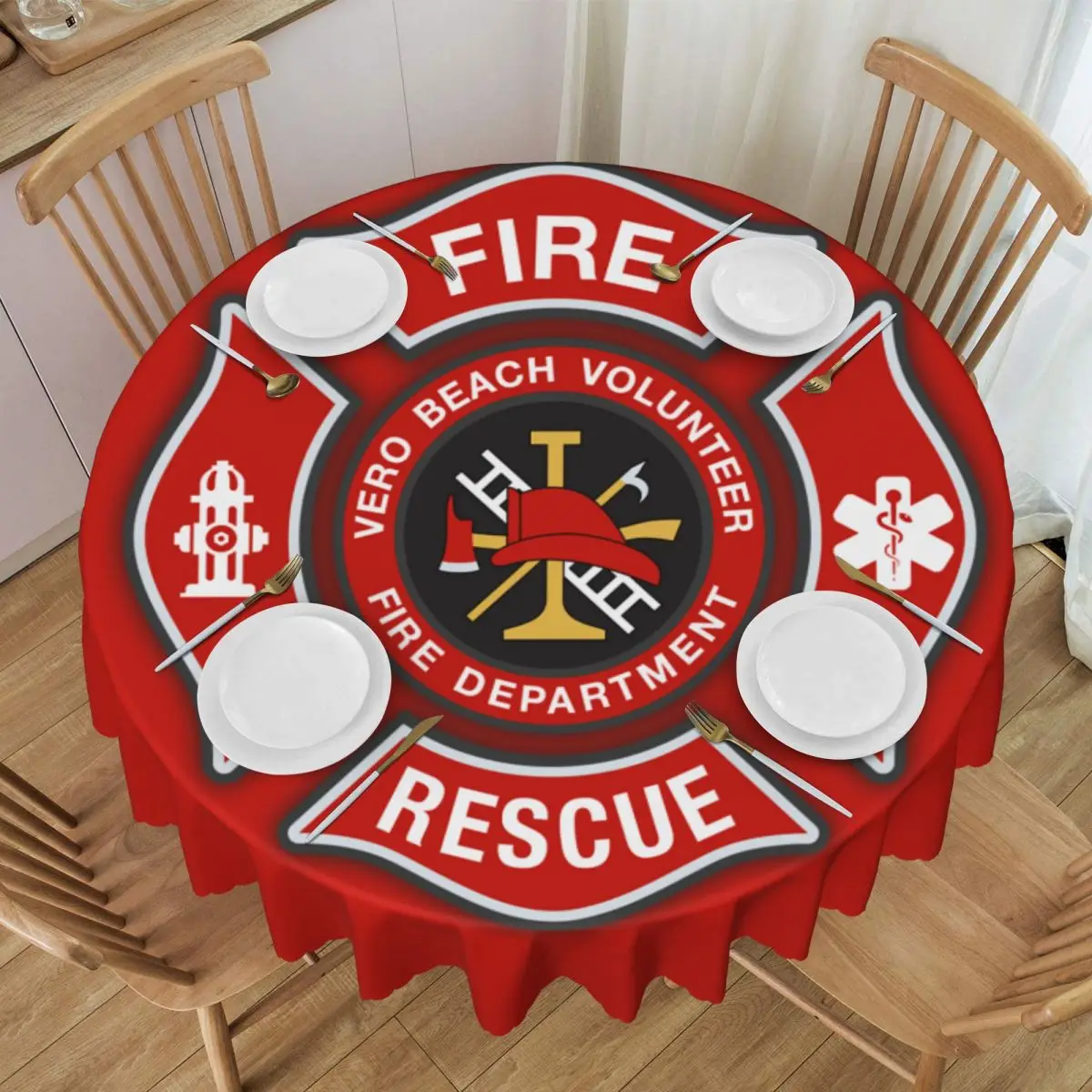 Round Fire Rescue Firefighter Tablecloth Waterproof Oil-Proof Table Cover 60 inches Table Cloth