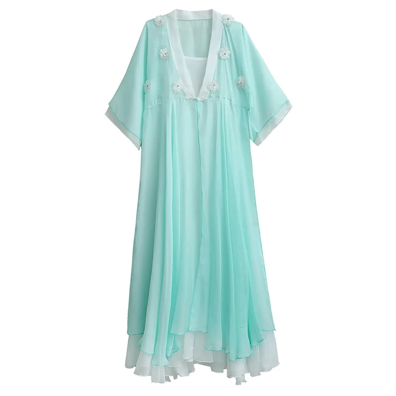 Camisa longa retrô de duas peças hanfu estilo chinês feminino, vestido de flor tridimensional, vestido de chiffon verão, vestido de festa luxuoso, mulher