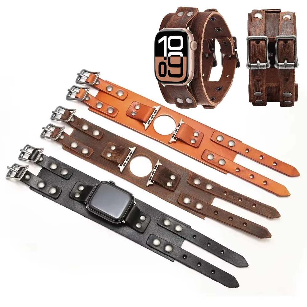 Genuine Leather Strap For Apple Watch Ultra 3/4 Band 44mm 40mm 45mm 41mm 49mm Double Metal Buckle Bracelet iWatch Series 9/10/11