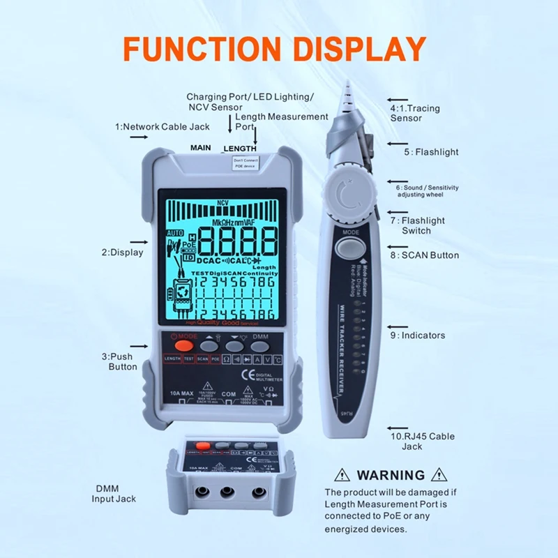 ET618 Network Cable Tester With LCD Display Analogs Digital Search POE Test Cable Wiremap Tester ID Mapping Tool