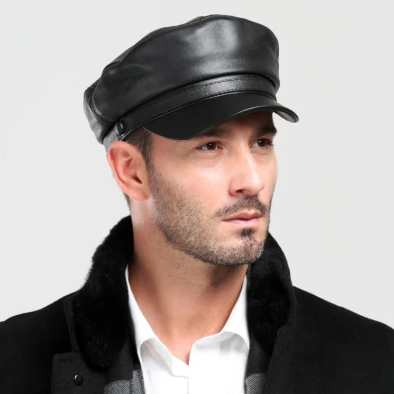 Leather Military Caps For Men Black Casual Flat Caps Army Women Genuine Leather Vintage Autumn Winter Military Hats