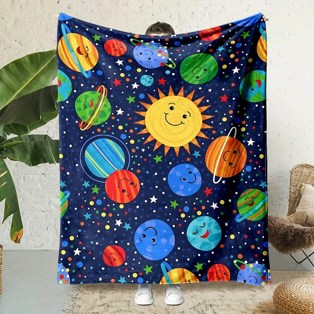 Rustic Style Cartoon Solar System Planets Printed Reversible All-Season Polyester Throw Blanket - Non-Woven, Digital Print, No E