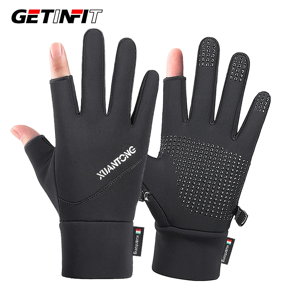 GETINFIT 1Pair Winter Cycling Glove Adding Fleece Warmth Leaves Two Fingers Exposed Touch Screen Anti-slip Fishing Gloves Unsiex