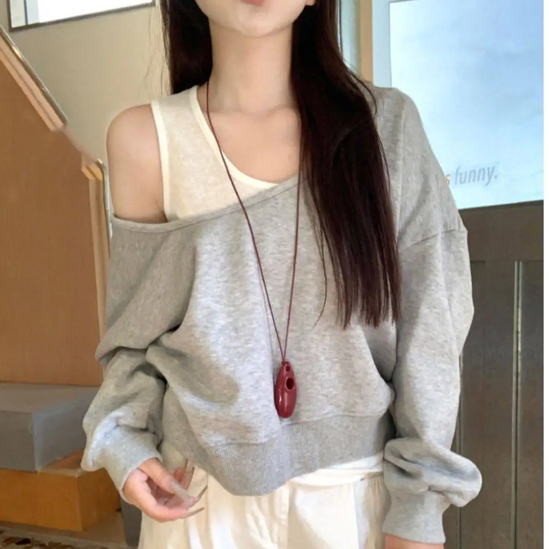 Spring Autumn Casual American Style Shoulder Bared All Color Loose Slimming Two Piece Set Women's Hoodie Sweatshirt