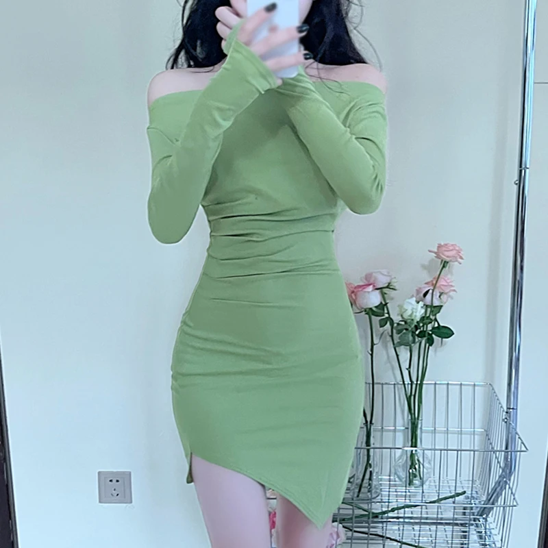 Women Dress New Year's Straight Shoulders Irregular Slim Fit Sexy Fashion Festive Long Sleeve Dress