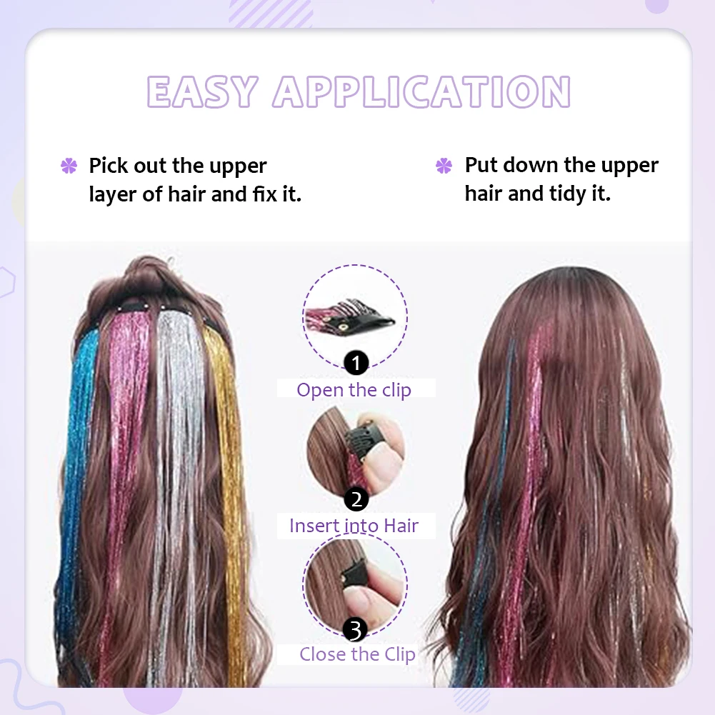 Clip in Hair Tinsel Synthetic 5Pcs/Pack Colorfull Tinsel Hair Extensions 22 Inch for Women Girls Party Christmas New Year Gift