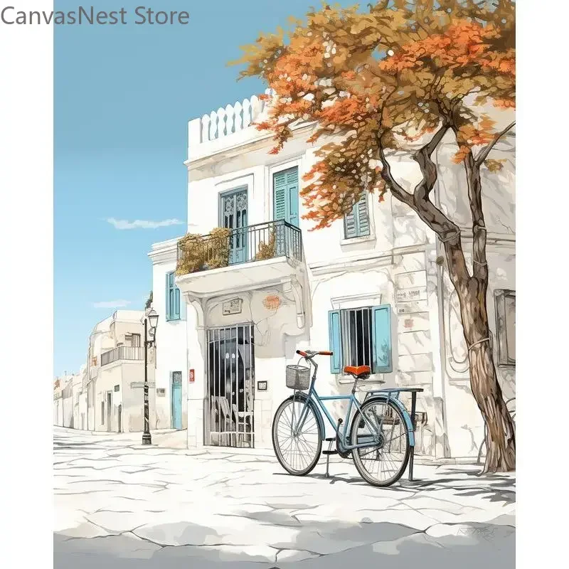 Mediterranean Town Street Canvas Wall Art Set White Building Bicycle Autumn Tree Coastal Village Landscape Print Painting for