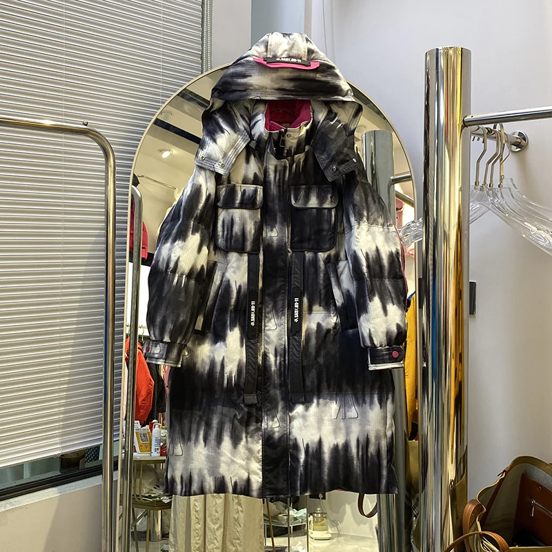 Winter Tie Dye Gradient Hooded Long Parker Down Jacket Women Thick Quilted Outwears Female White Duck Down Knee Length Jackets