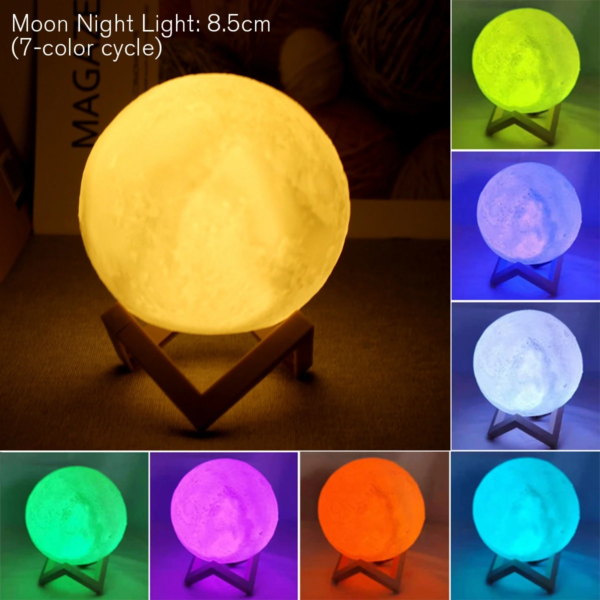 Lâmpada LED Moon Powered com Suporte, Starry Night Light, Decoração do Quarto, Luzes Noturnas, Presente Infantil, Presente de Natal, F5, 8cm