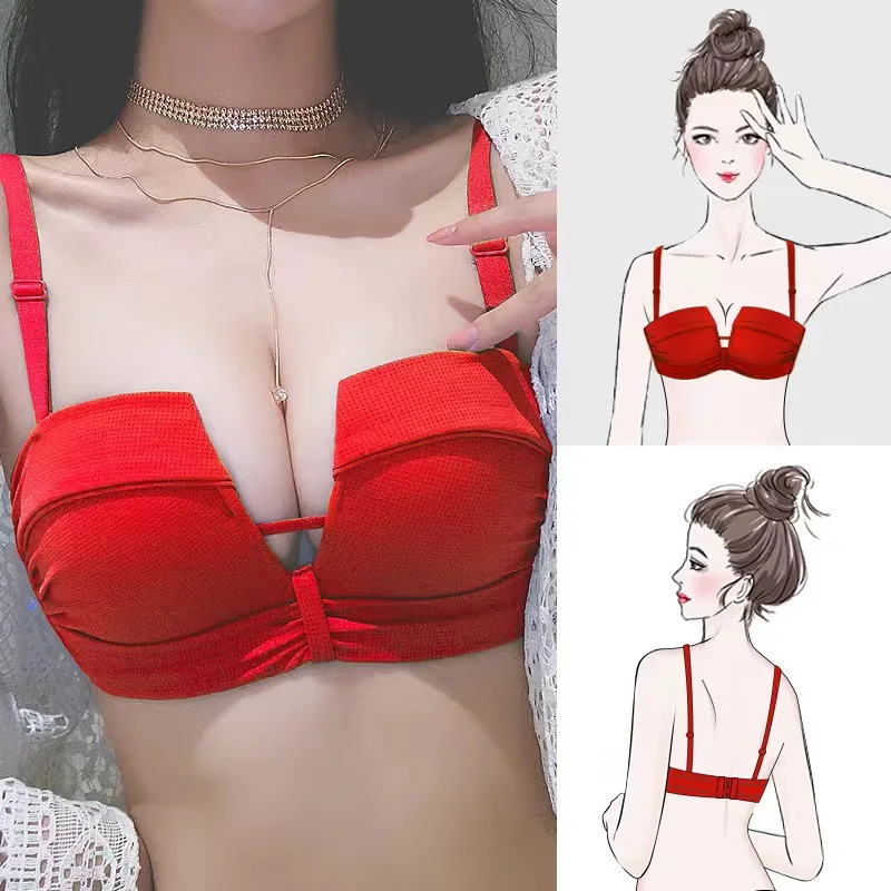 Damen-BH, kleine Brust, Komfort, Push-Up-BHs, ohne Stahlring, Unterwäsche, sexy rückenfreie BHs, rot, schwarz, Bralette
