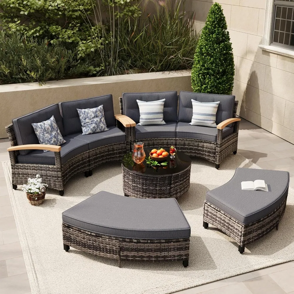 

8 Piece Outdoor Patio Furniture Set, Half-Moon Curved Sectional Set With Wood Armrests, 2 Half-Moon Ottomans, Round, Customized