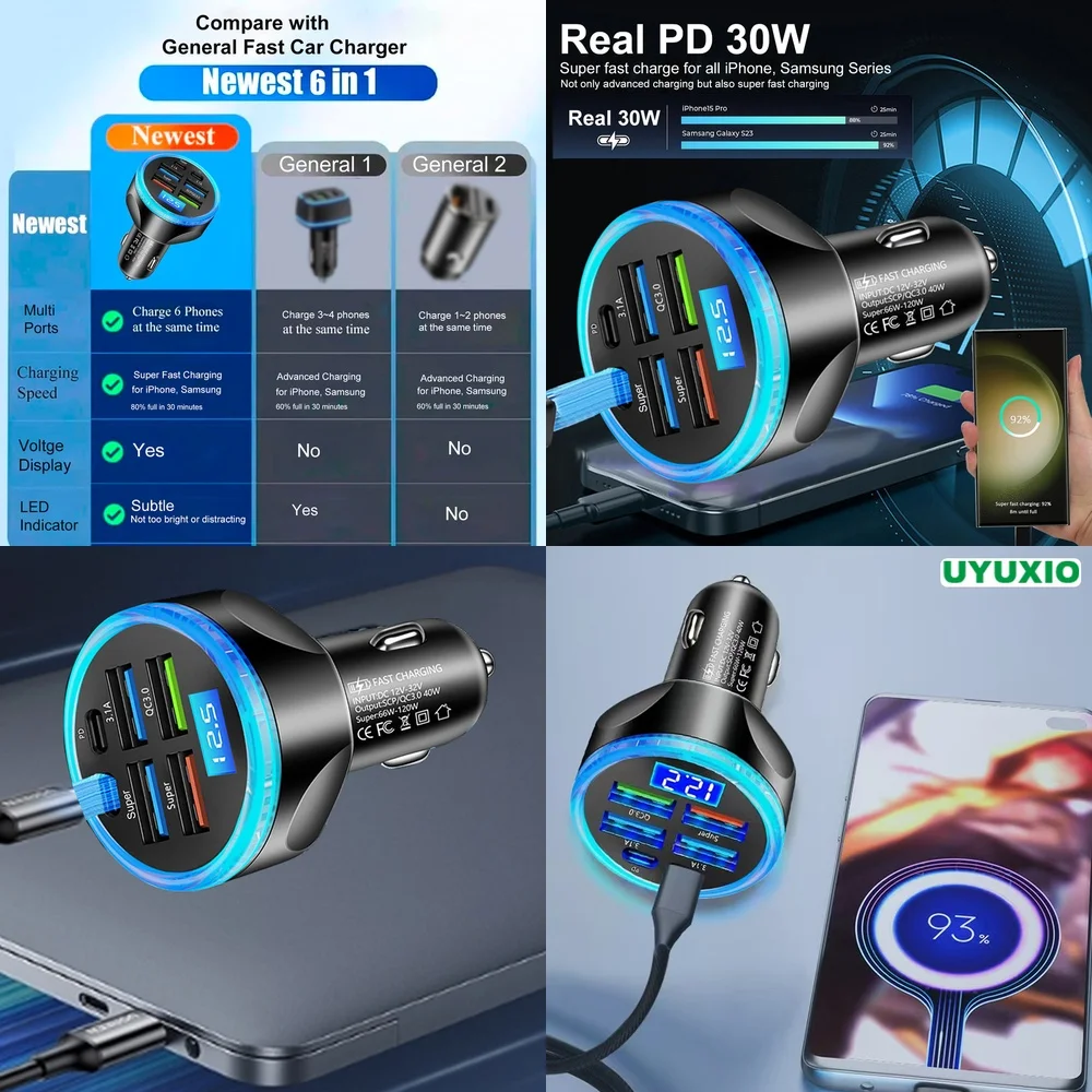 Carregador Veicular com Display Digital LED e 6 Portas de Carregamento Rápido para iPhone 17 16 15 14 Pro Max Plus, Chip IC Inteligente, PD 30W, Super Rápido