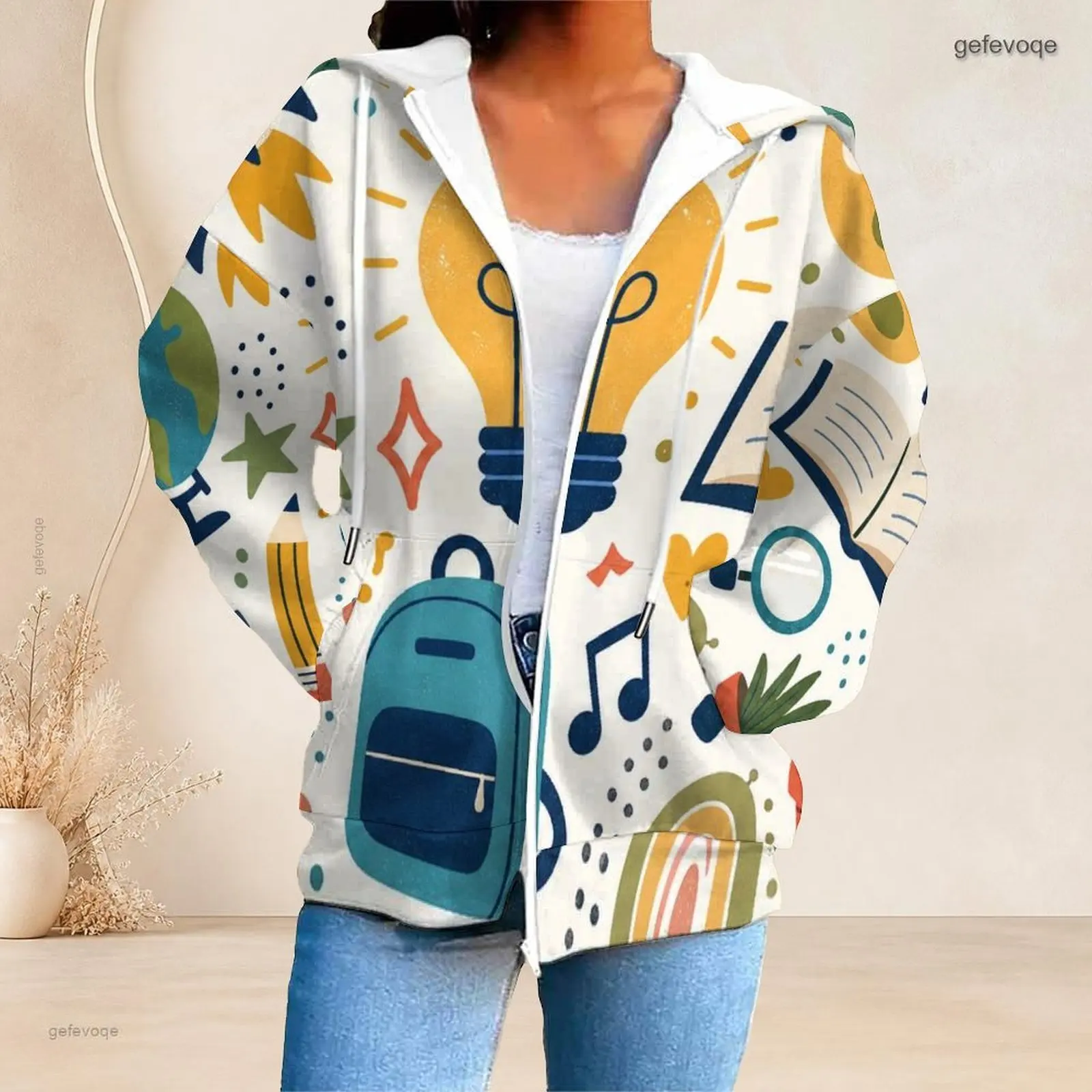 Printed Hoodie for Women Front Zip Long Sleeve Drawstring Hood Pockets