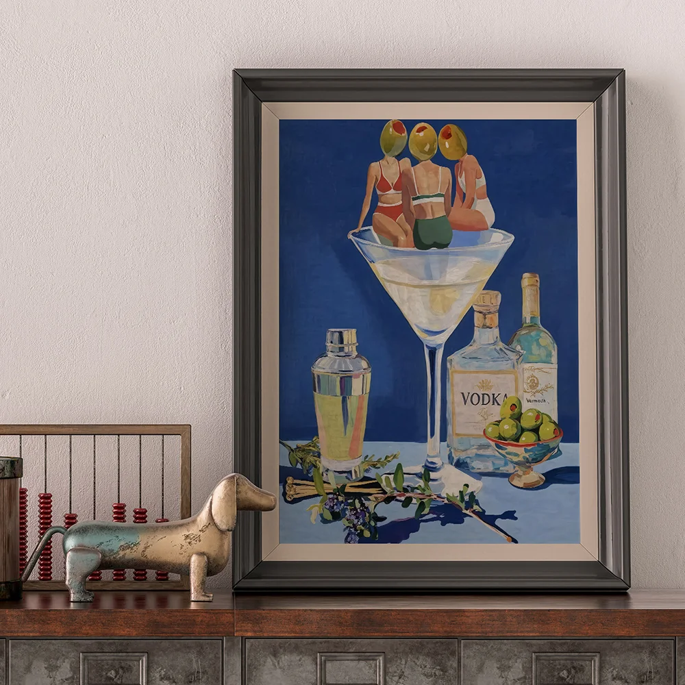 Figura de fondo azul, arte de pared, cóctel, pintura de oliva, impresión, Bar, restaurante, imagen colgante, Bistro, póster para el hogar, decoración sin marco
